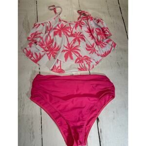 2 piece Swimsuit, Flowery/Ruffle Top, Hi Waist Bottom Size Large